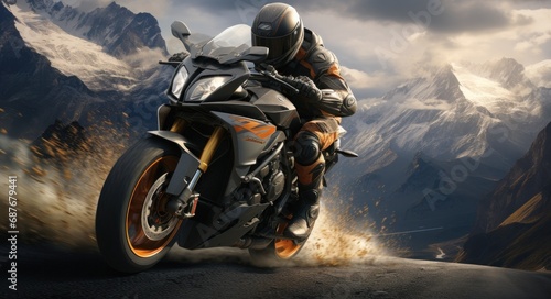 a motorcycle rider clinging onto a mountain road,
