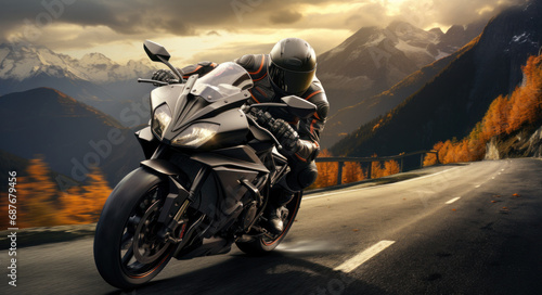 a motorcycle rider clinging onto a mountain road,