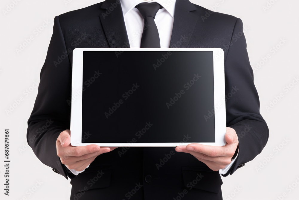 Man dressed in suit holding tablet computer. This versatile image can be used to depict technology, business, communication, or professional concepts. Man dressed in suit holding tablet computer. This versatile image can be used to depict technology, business, communication, or professional concepts.