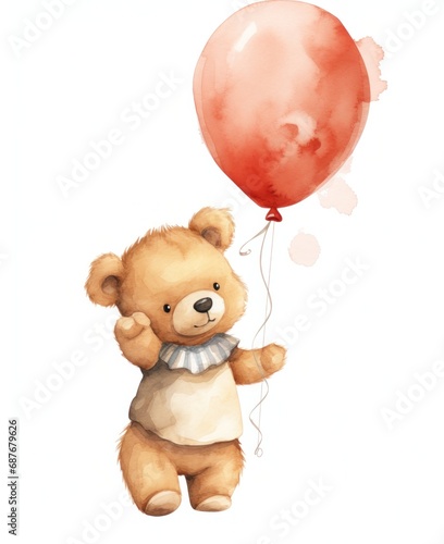 a painting of a teddy bear carrying a balloon,