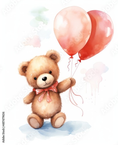 a painting of a teddy bear carrying a balloon,