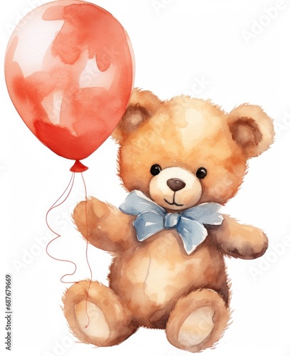 a painting of a teddy bear carrying a balloon,