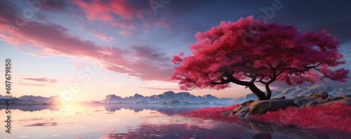 a red tree in the sunshine at sunrise,