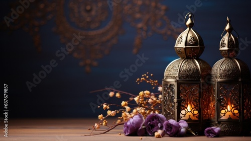 A regal purple and gold background with elegant Arabic calligraphy © olegganko
