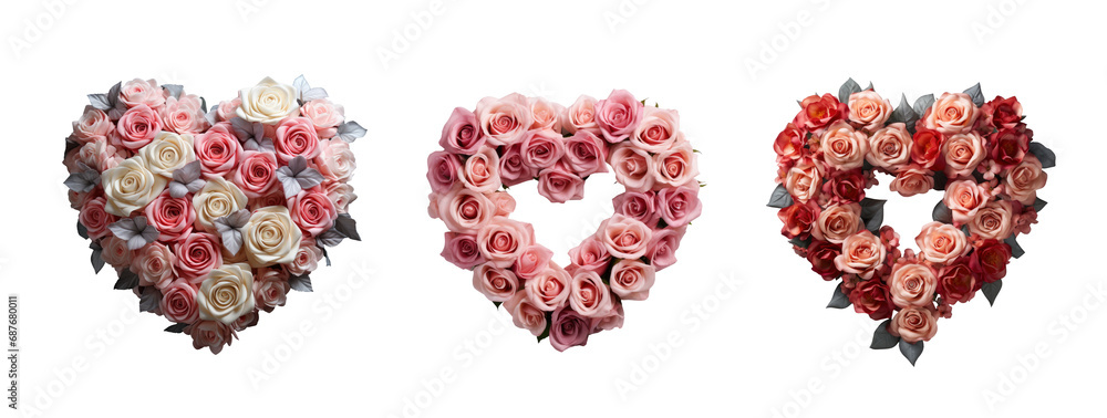 Beautiful floral wreaths in shape of heart made of rose flowers isolated on transparent background
