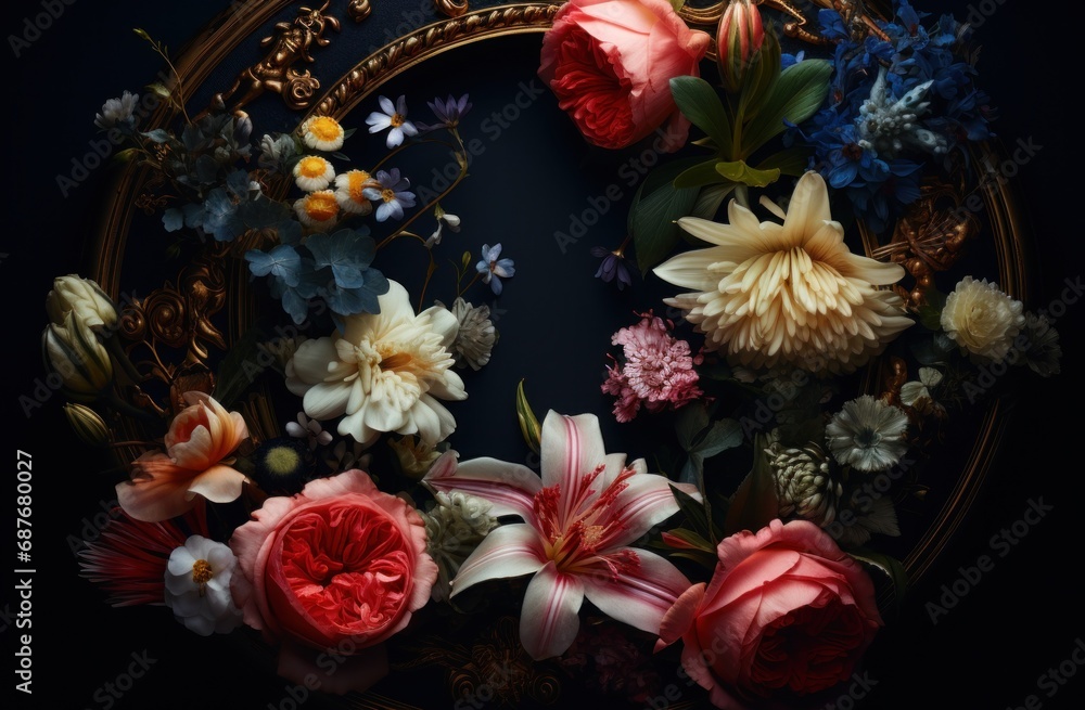 a ring of flowers with different colors on a dark background,
