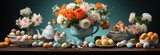a round table covered with eggs, peonies, easter treats,