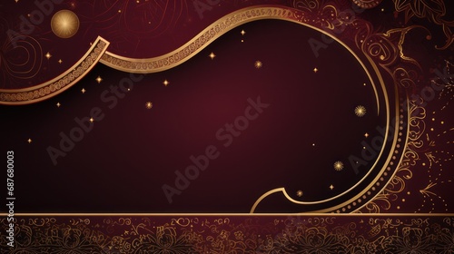 A rich burgundy and gold background with intricate geometric patterns and a s...