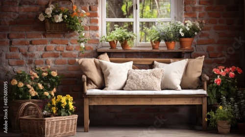 A rustic wooden bench with a cushion, a woven basket of colorful flowers,