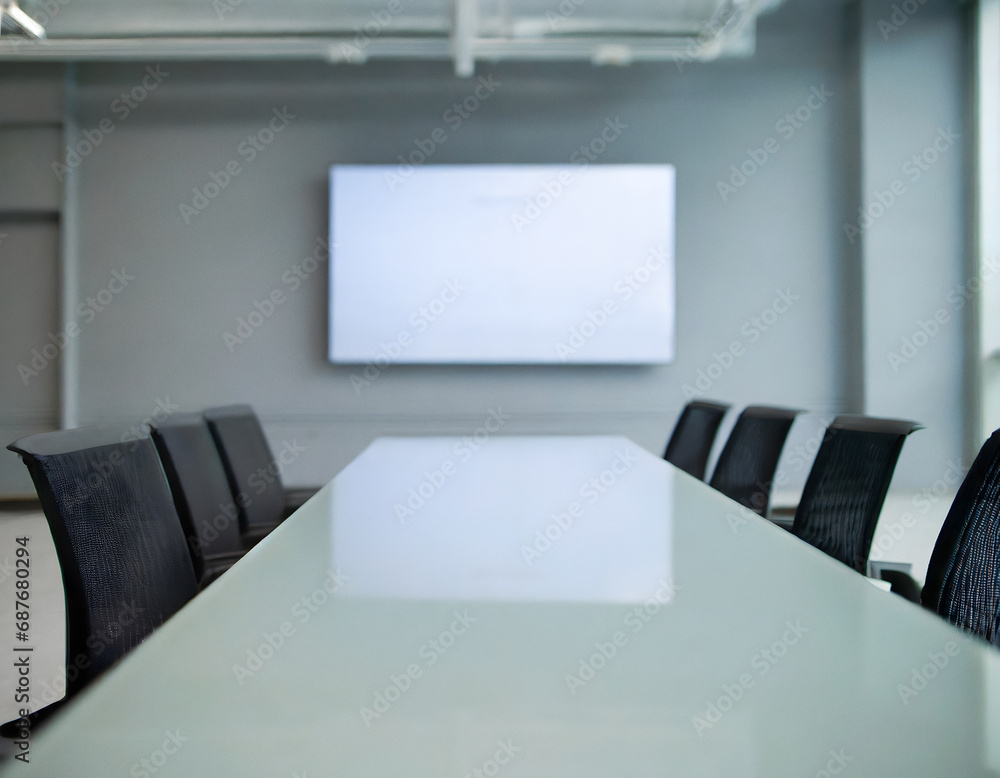 Modern empty out of focus meeting room with screen on wall Modern empty out of focus meeting room with screen on wall