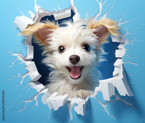 a smiling dog peeking out from the hole in a blue wall,
