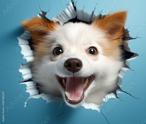 a smiling dog peeking out from the hole in a blue wall,