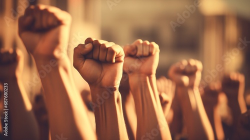 Symbolic image of unity and strength, featuring a clenched fist raised against a vibrant sky, representing concepts like victory, revolution, and teamwork