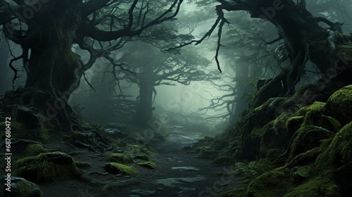 A mystical foggy forest  where ancient trees stand tall and mysterious.