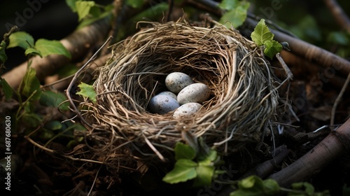 A nest made of twigs and leaves, cradling a single unhatched egg, full of anticipation. photo