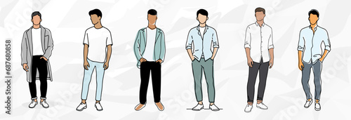 Attraktive Stilikonen: Lineart Vektorgrafik-Bundle von jungen Männern in stylischen Outfits