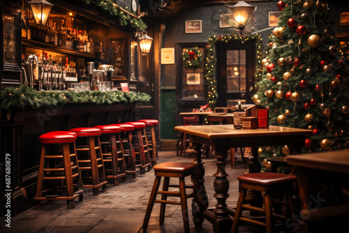 Irish pub interior design decorated with Christmas trees and garlands © Sunshower Shots