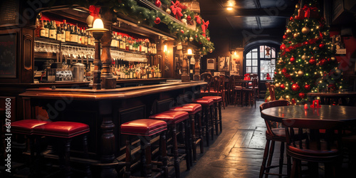 Irish pub interior design decorated for Christmas with large tree and garlands, wide banner