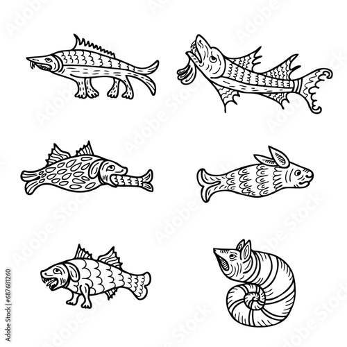 Medieval bestiary style aquatic animals collection. Vintage set of doodle mysterious beasts. Hand drawn surrealistic creations set.