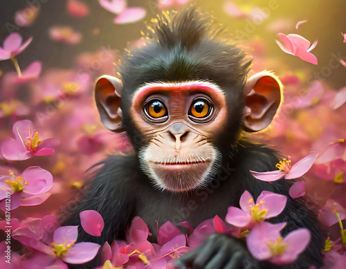Cute cartoon chimpanzee with pink petals
