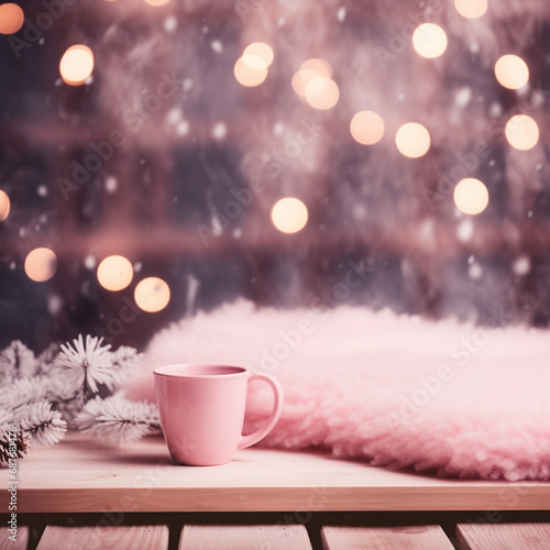 Winter Holidays concept of hot drinks and beverage with mild feeling in pink colours and pinkmas aesthetics for social media and online advertisements of glamorous products for home decor and beauty