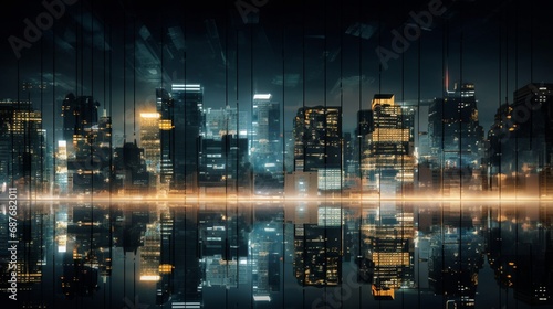 A modern, minimalist city skyline reflected in the glass facade of a skyscraper at night.