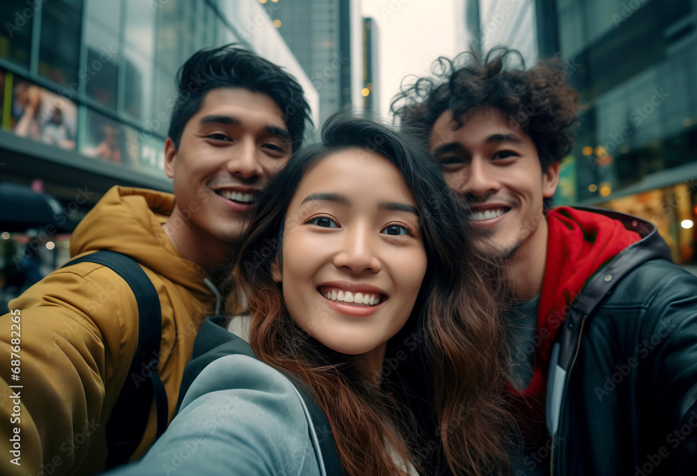 three multicultural friends taking a selfie with their cell phones outdoors - Happy tourists having fun together exploring the city three multicultural friends taking a selfie with their cell phones outdoors - Happy tourists having fun together exploring the city
