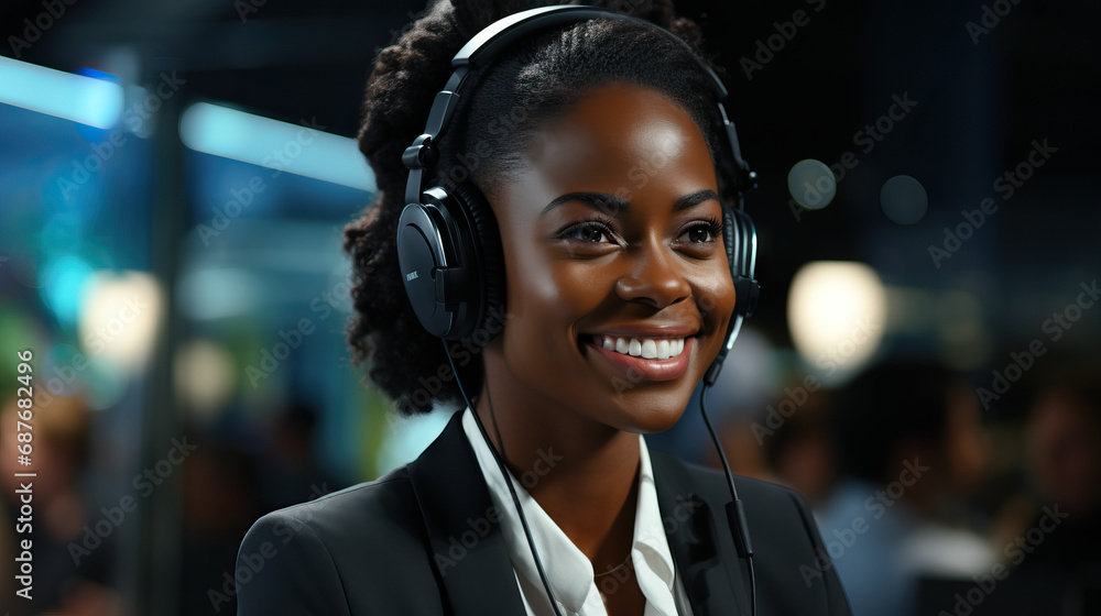 Young black professional woman with headset and suit on. Concept of Corporate Excellence and Communication. Young black professional woman with headset and suit on. Concept of Corporate Excellence and Communication.