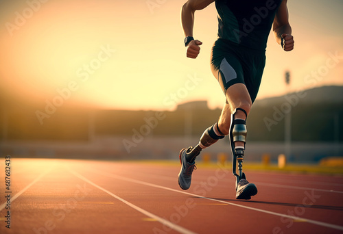 cropped view of Man running with prosthetic legs on a running track © Renata Hamuda