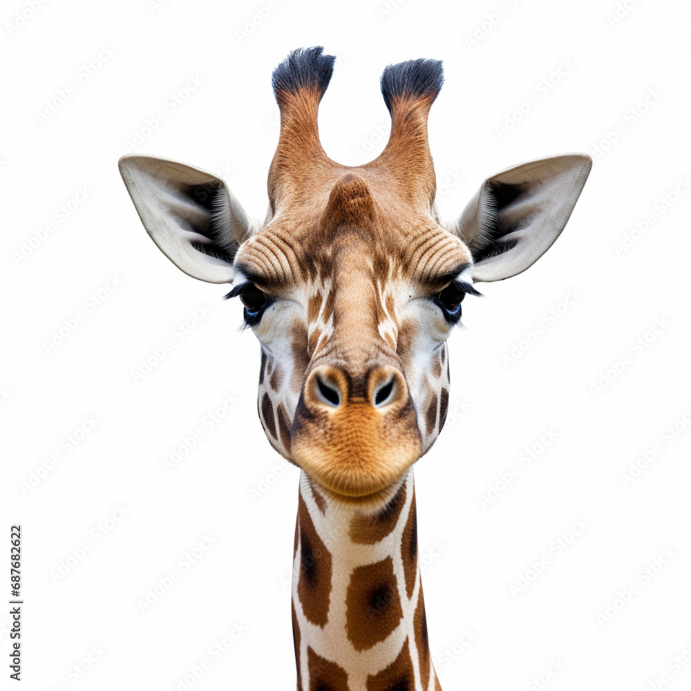 Close up shot of giraffe head isolate on white. generative ai