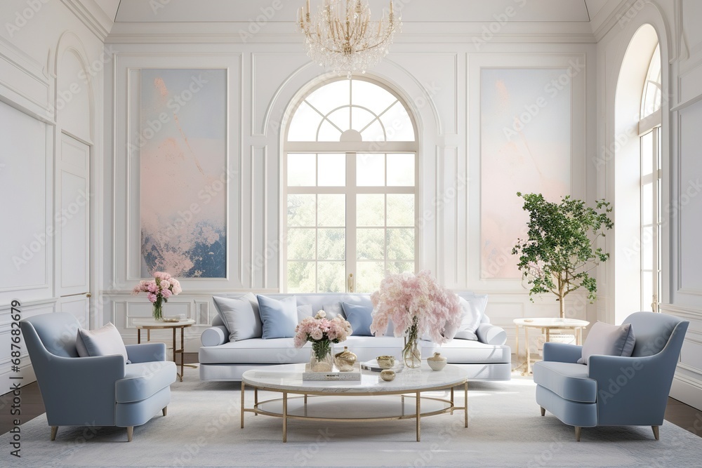 Interior of an elegant living room in light blue tones with blue sofas, pillows and a coffee table