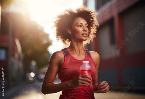 african american Sportswoman using recycling bottle to drink while running photo