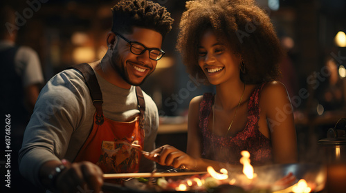 Black couple enjoying soul food dinner. Concept of Cultural Cuisine and Togetherness.