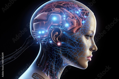 A woman s head with a computer interface. This image can be used to depict concepts of artificial intelligence  technology  virtual reality  or futuristic interfaces