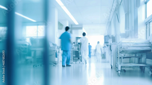 Blurred interior of hospital or clinic corridor background with diverse doctors in motion suitable for medical and healthcare services photo