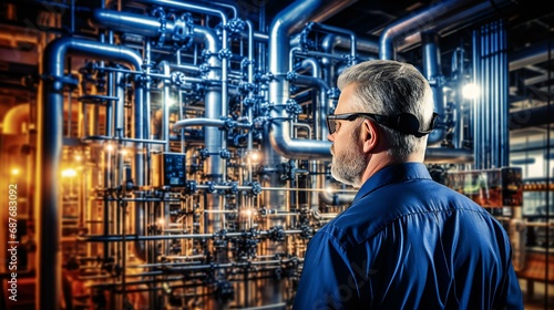 An industrial worker at a refinery, highlighting the complex machinery and safety measures involved in the energy and manufacturing sector