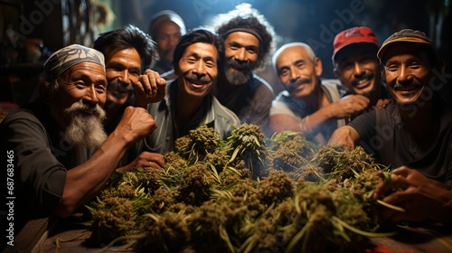 A group of men uses cannabis, illegal narcotic substances made from hemp. Concept: Underground distribution, illegal activities photo