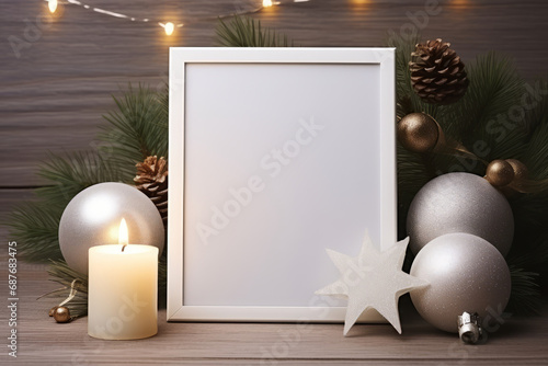 Christmas frame mockup for poster design presentation or art work. White empty frame with copy space template.