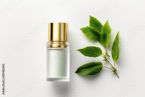 Cosmetic transparent glass bottle with dropper on white background with leaves. photo