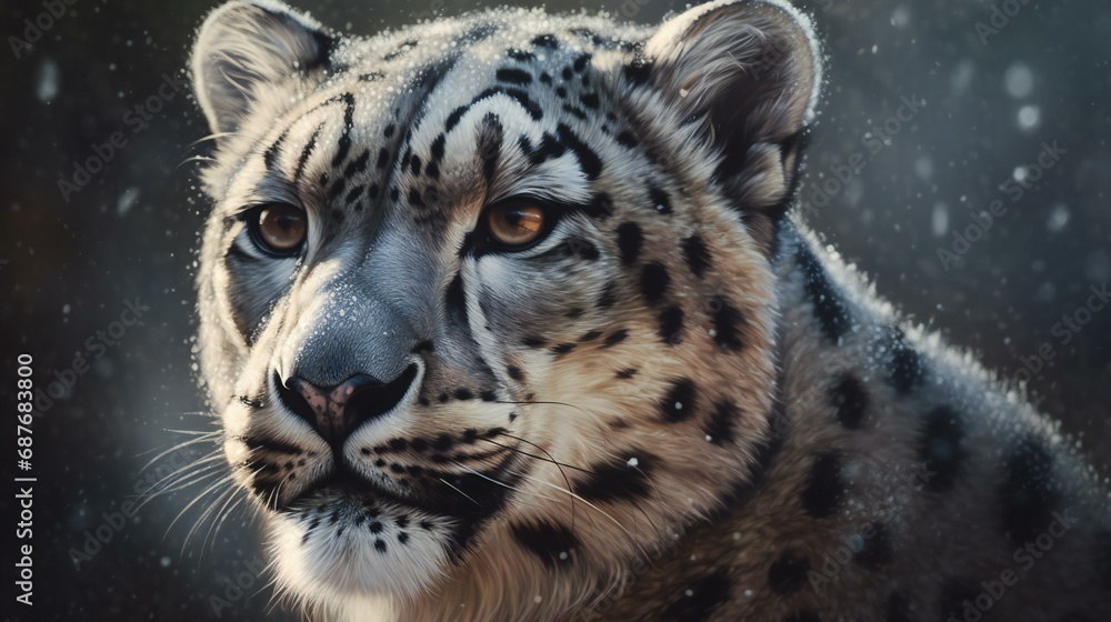 Snow leopard portrait, featuring a closeup view of a majestic and rare snow leopard, highlighting its powerful and captivating features