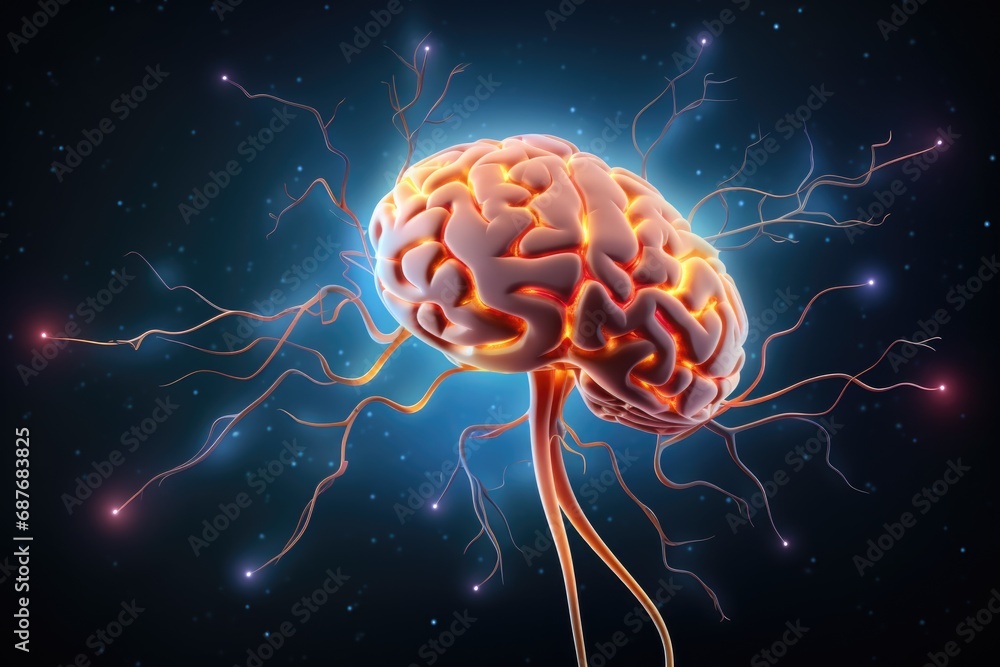 Brain with electrical wires coming out of it. Can be used to represent artificial intelligence, neuroscience, or technology concepts Brain with electrical wires coming out of it. Can be used to represent artificial intelligence, neuroscience, or technology concepts