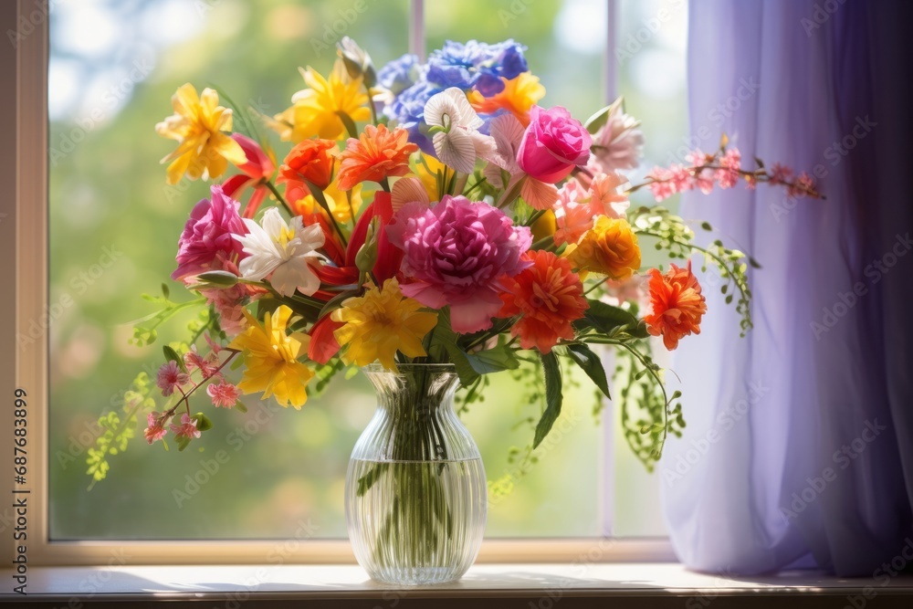 Vibrant bouquet of assorted flowers in a glass vase on a windowsill, bathed in soft sunlight.