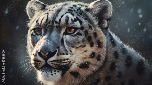 Snow leopard portrait  featuring a closeup view of a majestic and rare snow leopard  highlighting its powerful and captivating features
