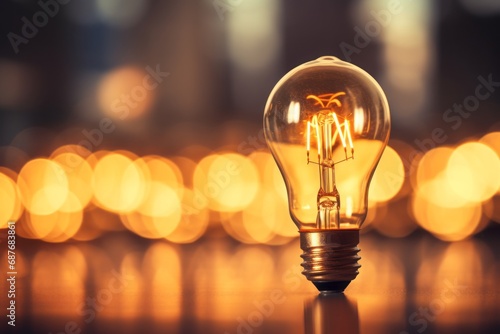 An illuminated light bulb stands out against a backdrop of warm bokeh lights, symbolizing ideas and innovation.