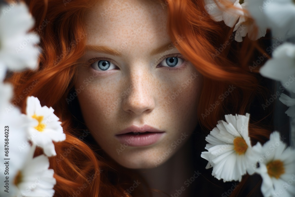 Close-up of a woman with striking red hair and blue eyes peering through white daisies, an intimate portrait of natural beauty and contemplation. Close-up of a woman with striking red hair and blue eyes peering through white daisies, an intimate portrait of natural beauty and contemplation.