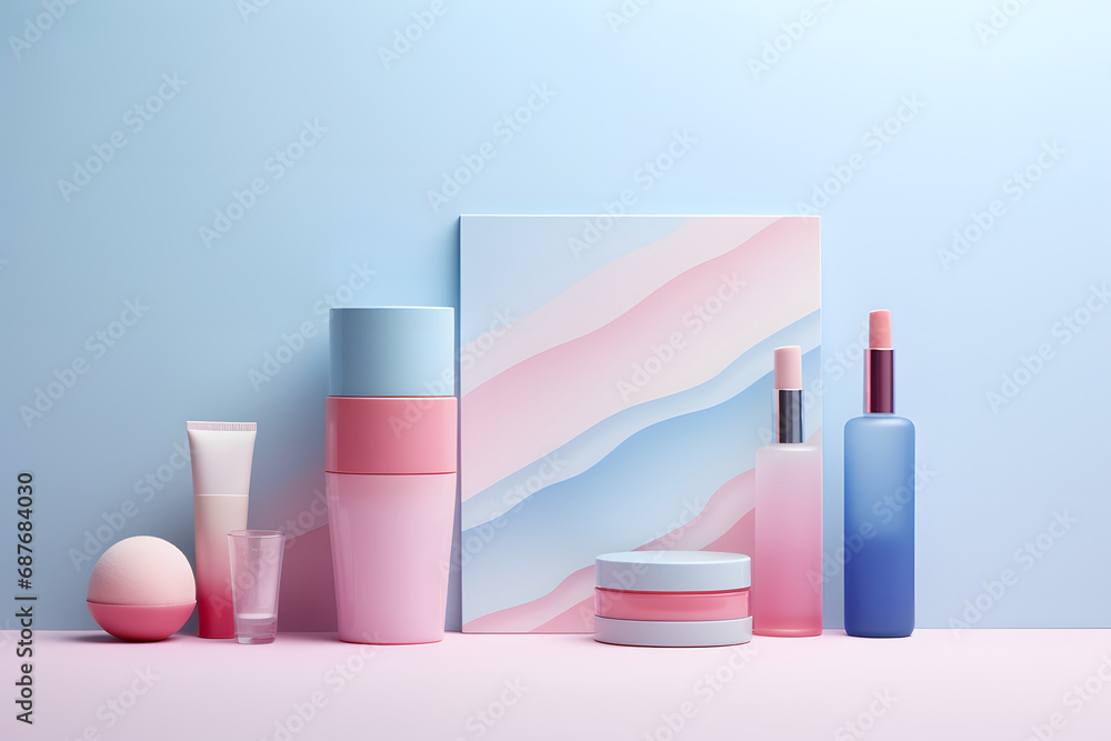 Cosmetic background in pastel pink and blue tones. set of makeup or care products, delicate backdrop. Cosmetic background in pastel pink and blue tones. set of makeup or care products, delicate backdrop.