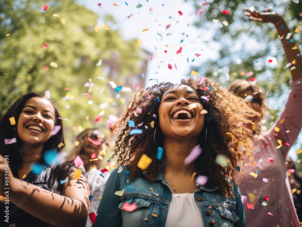 A group of people are celebrating with confetti. Generative AI. A group of people are celebrating with confetti. Generative AI.