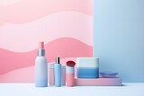 Cosmetic background in pastel pink and blue tones. set of makeup or care products, delicate backdrop.