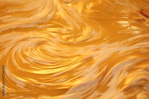 Abstract swirling pattern of golden caramel, a hypnotic texture representing fluidity and natural patterns.