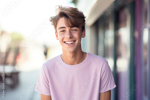 A young man in a pink shirt smiles for the camera